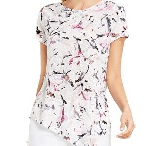 Two by Vince Camuto Shirt White Pink Paint Stroke Slub Short Sleeve Burnout Tee